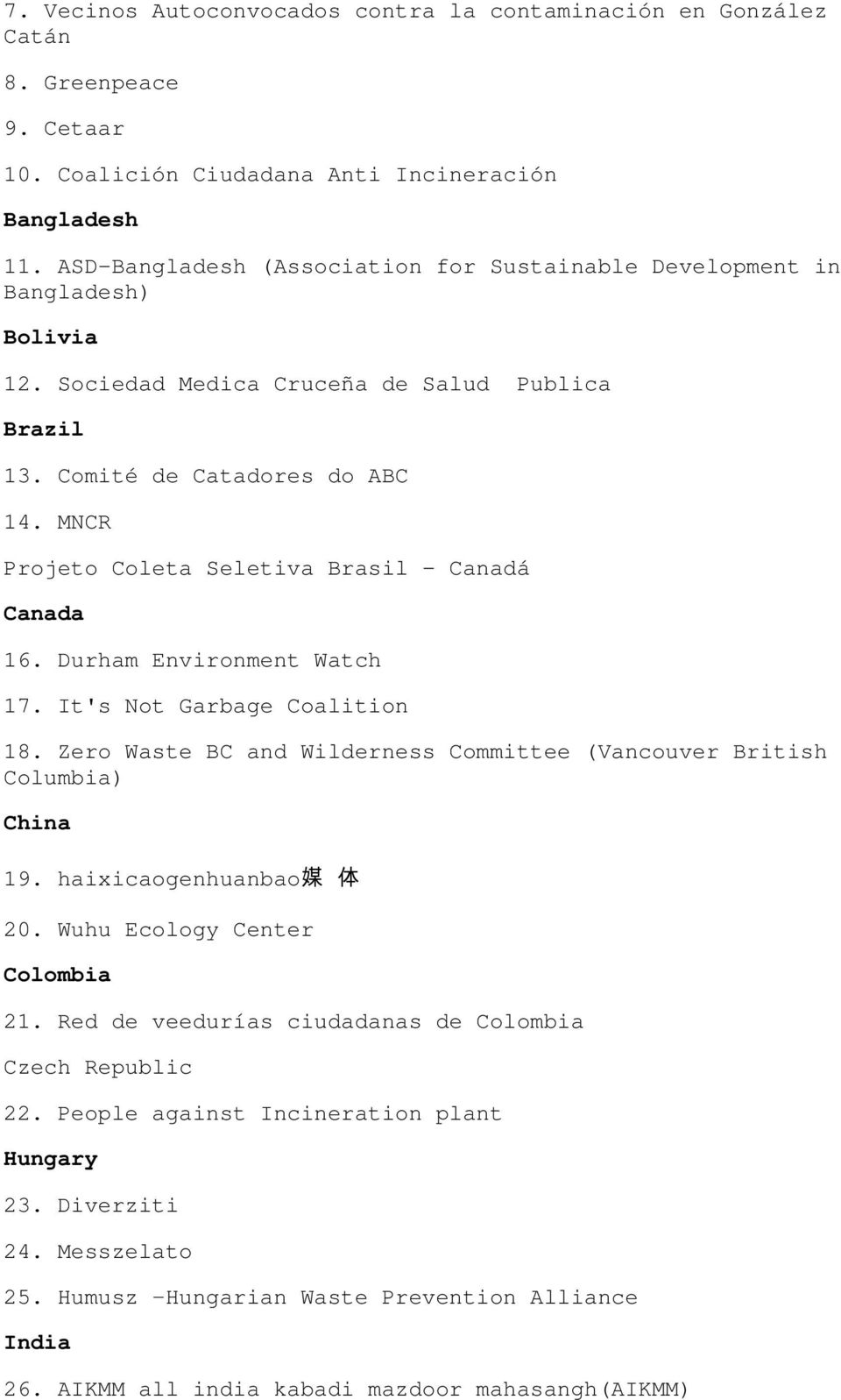 MNCR Projeto Coleta Seletiva Brasil - Canadá Canada 16. Durham Environment Watch 17. It's Not Garbage Coalition 18. Zero Waste BC and Wilderness Committee (Vancouver British Columbia) China 19.