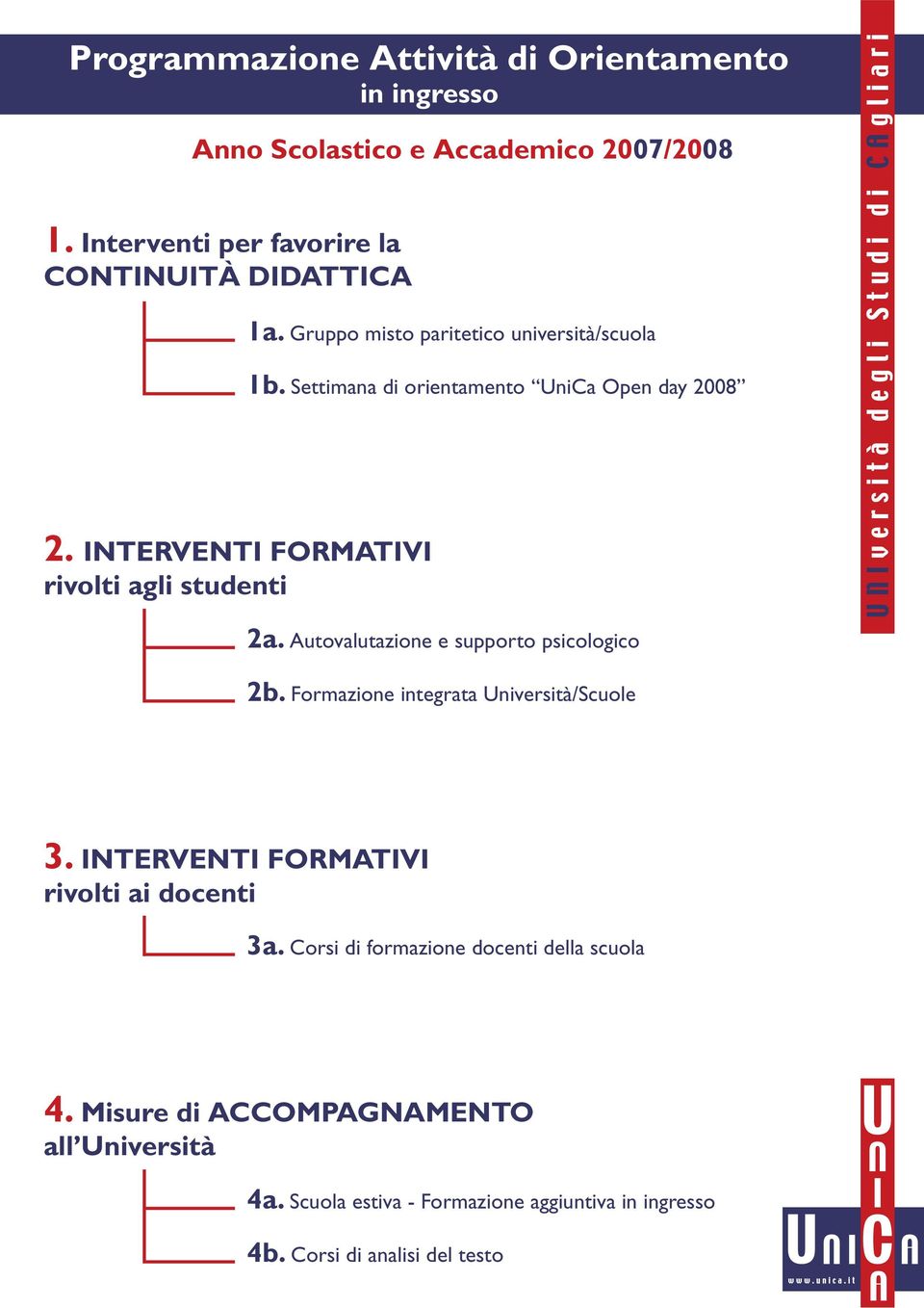 Autovalutazione e supporto psicologico 2b. Formazione integrata Università/Scuole 3. INTERVENTI FORMATIVI rivolti ai docenti 3a.