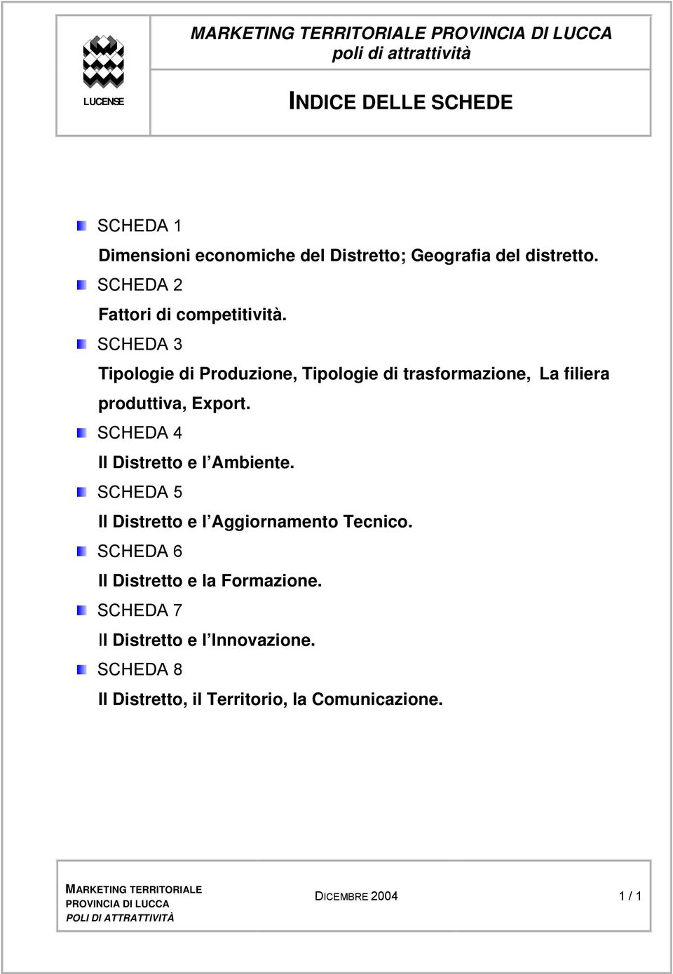 SCHEDA 4 Il Distretto e l Ambiente. SCHEDA 5 Il Distretto e l Aggiornamento Tecnico. SCHEDA 6 Il Distretto e la Formazione.