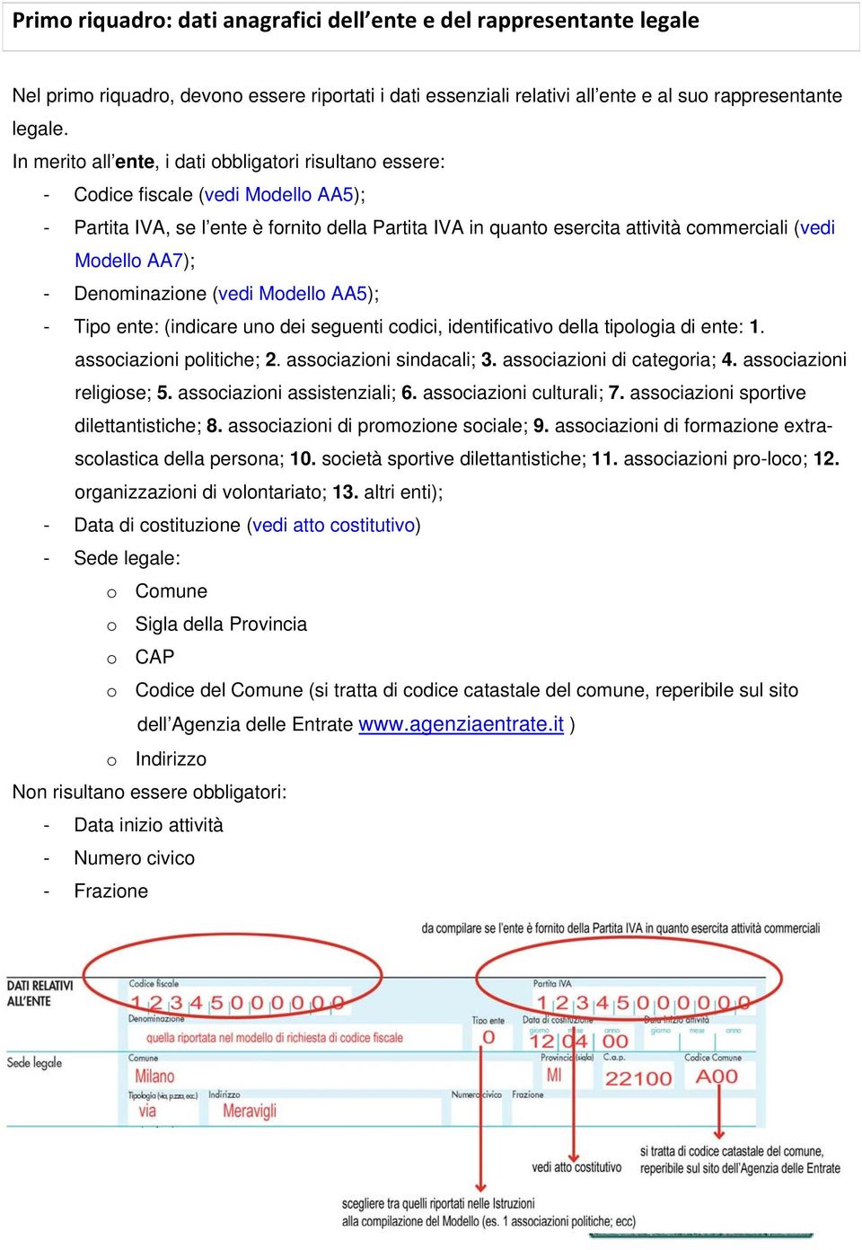 Modello AA7); - Denominazione (vedi Modello AA5); - Tipo ente: (indicare uno dei seguenti codici, identificativo della tipologia di ente: 1. associazioni politiche; 2. associazioni sindacali; 3.