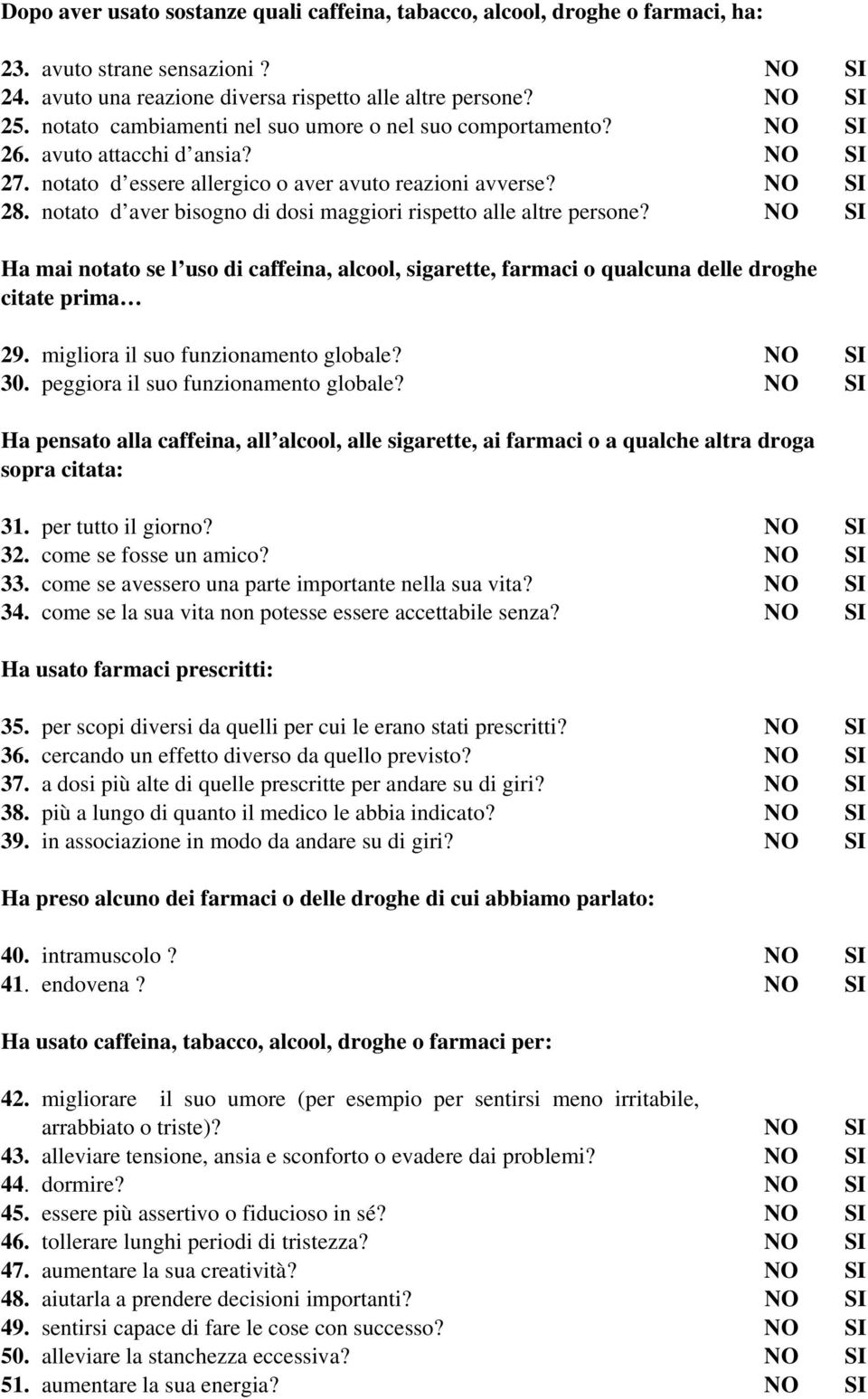 notato d aver bisogno di dosi maggiori rispetto alle altre persone? NO SI Ha mai notato se l uso di caffeina, alcool, sigarette, farmaci o qualcuna delle droghe citate prima 29.