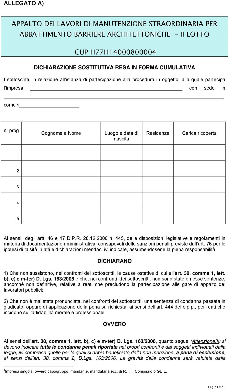 prog Cognome e Nome Luogo e data di nascita Residenza Carica ricoperta 1 2 3 4 5 Ai sensi degli artt. 46 e 47 D.P.R. 28.12.2000 n.