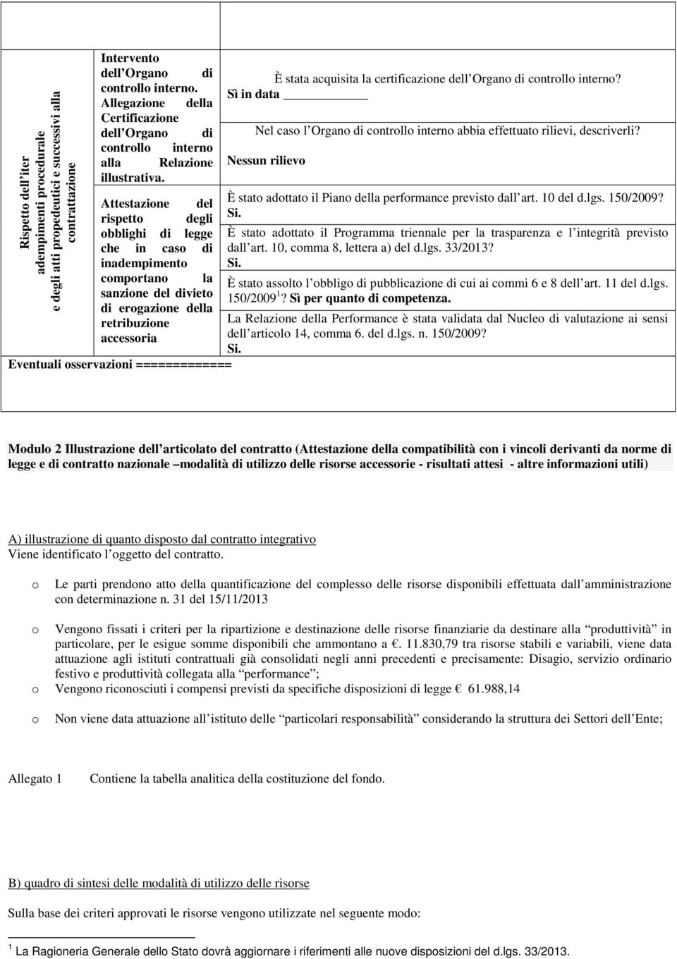 Attestazione del rispetto degli obblighi di legge che in caso di inadempimento comportano la sanzione del divieto di erogazione della retribuzione accessoria Eventuali osservazioni ============= È