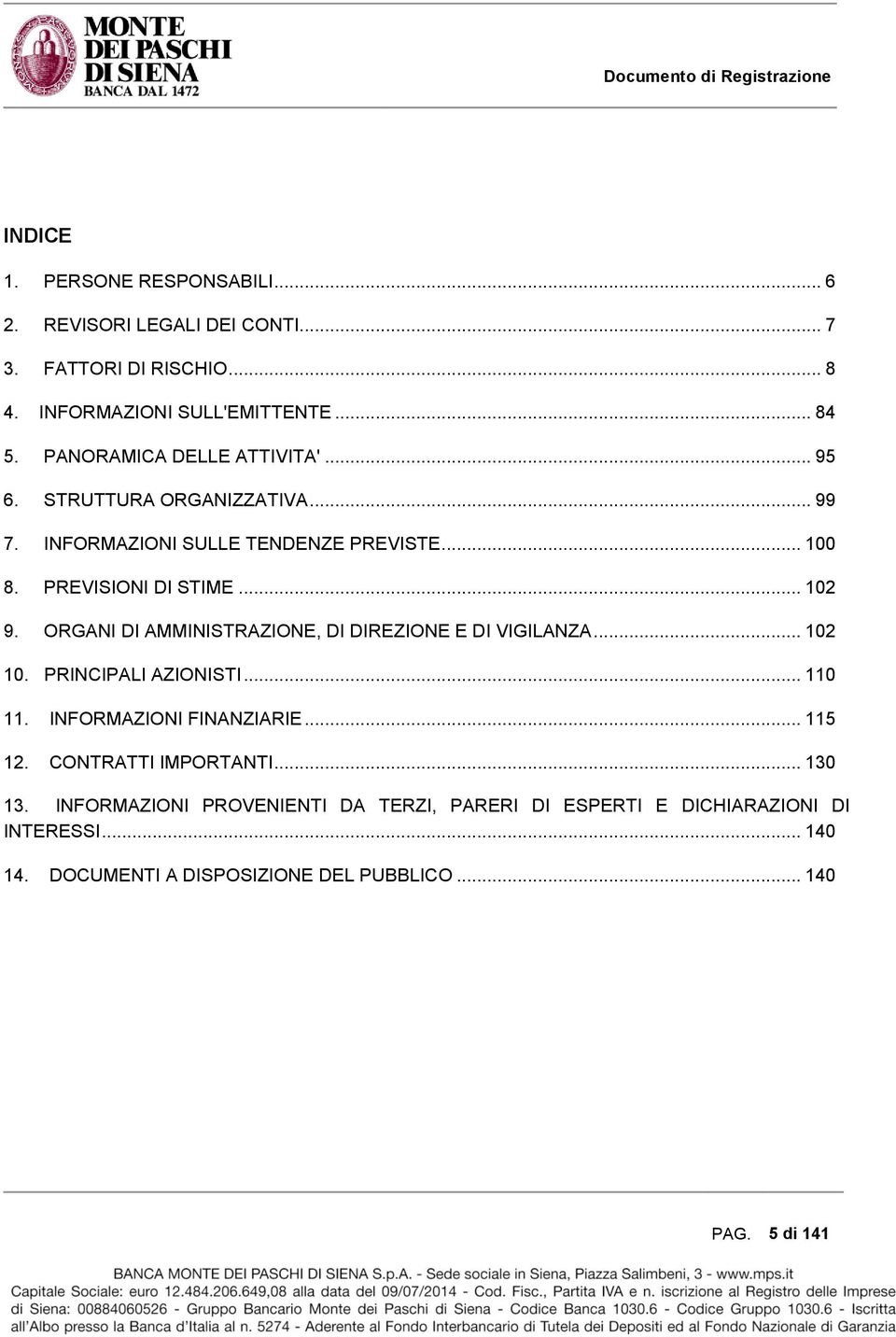 ORGANI DI AMMINISTRAZIONE, DI DIREZIONE E DI VIGILANZA... 102 10. PRINCIPALI AZIONISTI... 110 11. INFORMAZIONI FINANZIARIE... 115 12.