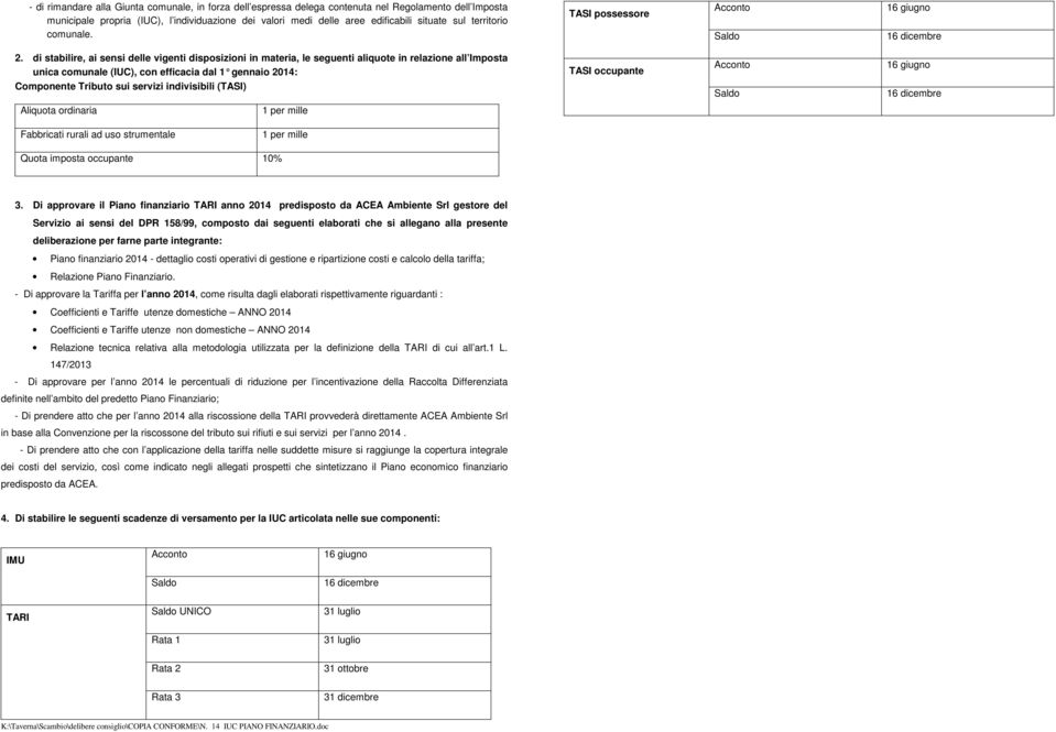 di stabilire, ai sensi delle vigenti disposizioni in materia, le seguenti aliquote in relazione all Imposta unica comunale (IUC), con efficacia dal 1 gennaio 2014: Componente Tributo sui servizi