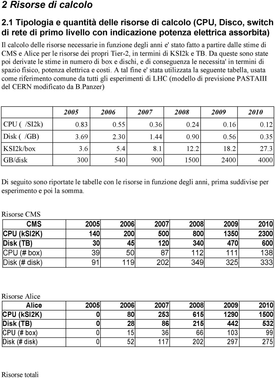 stato fatto a partire dalle stime di CMS e Alice per le risorse dei propri Tier-2, in termini di KSI2k e TB.