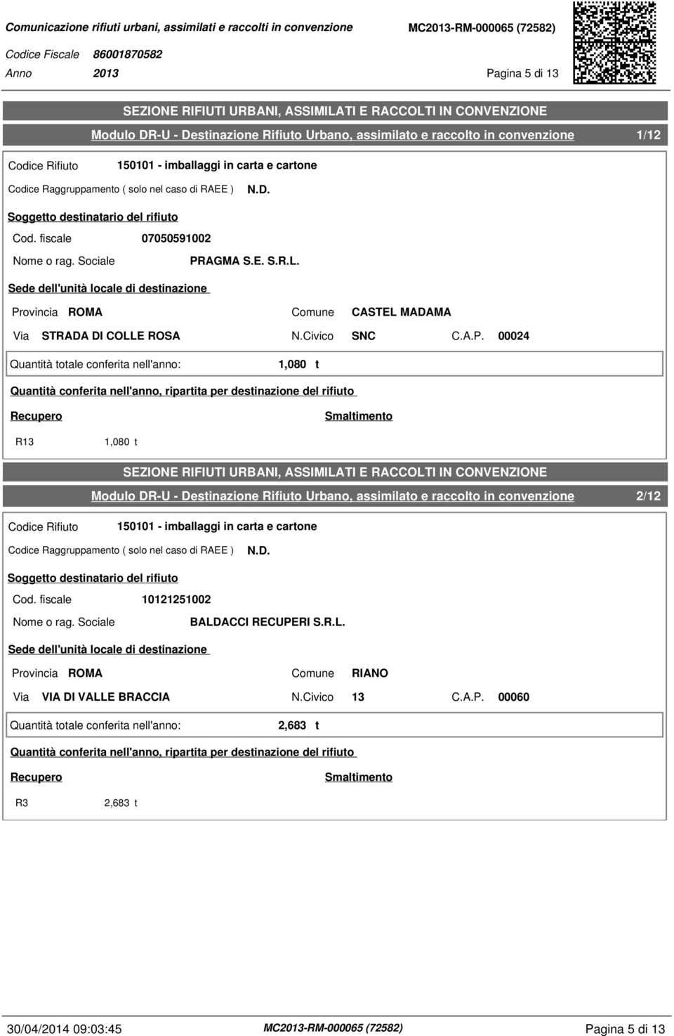 1,080 t R13 1,080 t 2/12 150101 - imballaggi in carta e cartone 10121251002 BALD