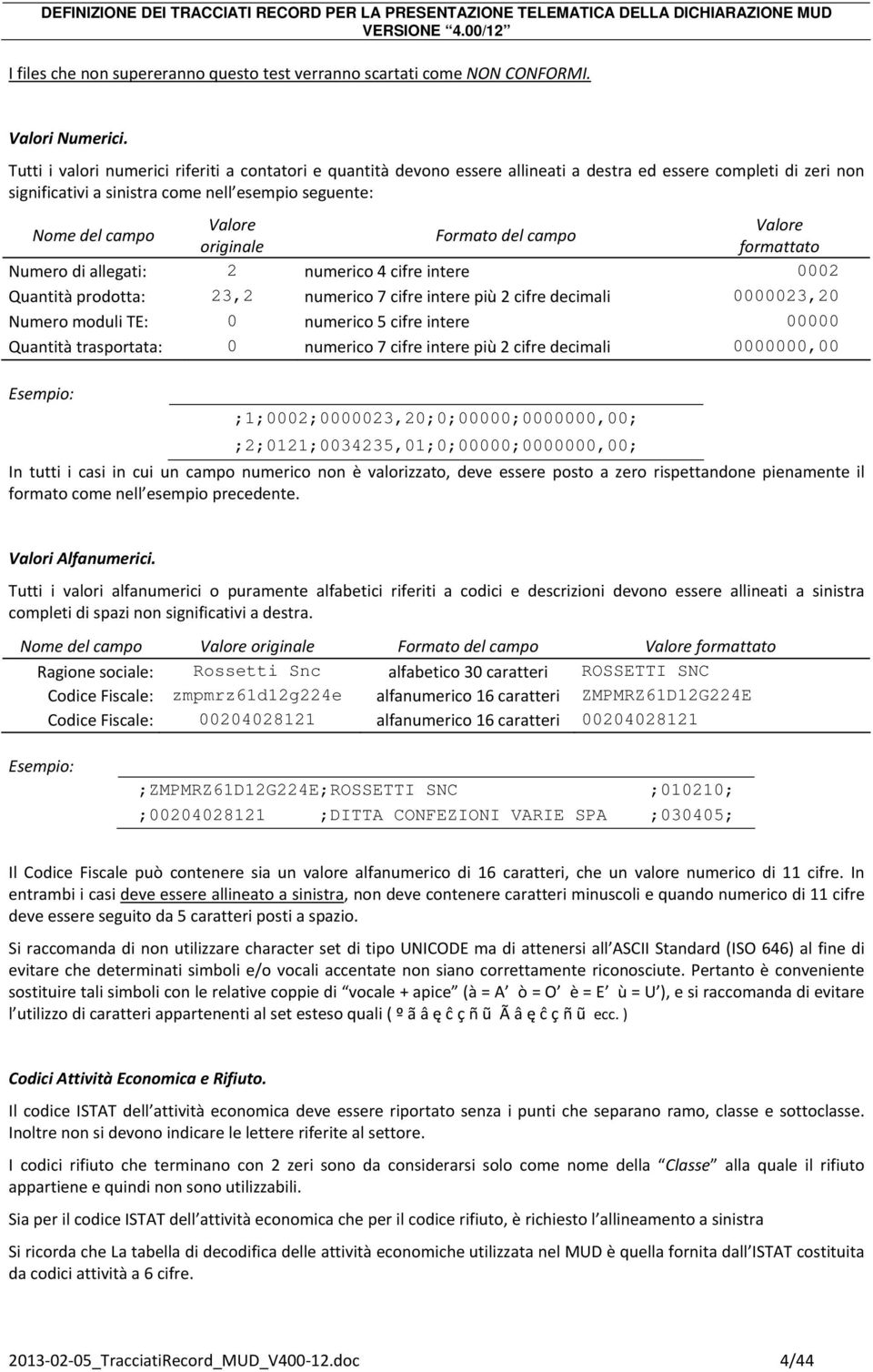 originale Formato del campo Valore formattato Numero di allegati: 2 numerico 4 cifre intere 0002 Quantità prodotta: 23,2 numerico 7 cifre intere più 2 cifre decimali 0000023,20 Numero moduli TE: 0