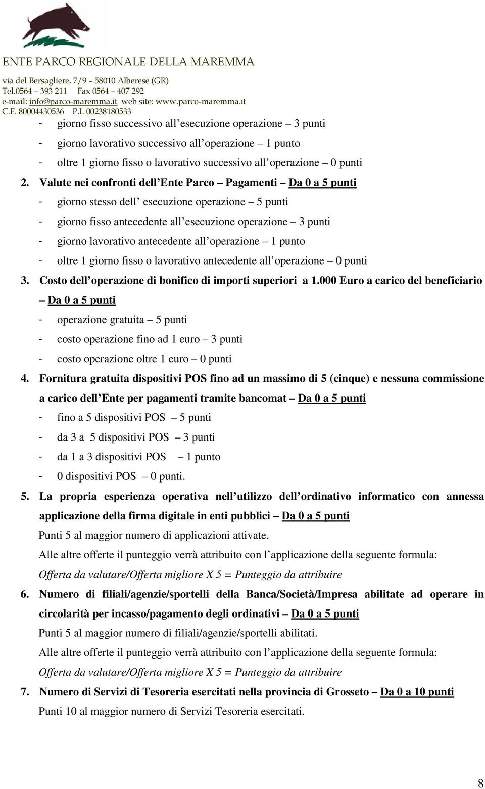 antecedente all operazione 1 punto - oltre 1 giorno fisso o lavorativo antecedente all operazione 0 punti 3. Costo dell operazione di bonifico di importi superiori a 1.