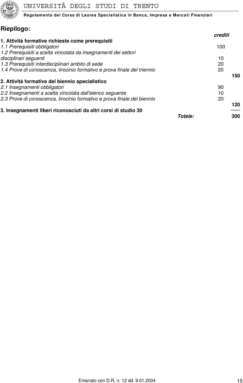 4 Prove di conoscenza, tirocinio formativo e prova finale del triennio 20 150 2. Attività formative del biennio specialistico 2.1 Insegnamenti obbligatori 90 2.