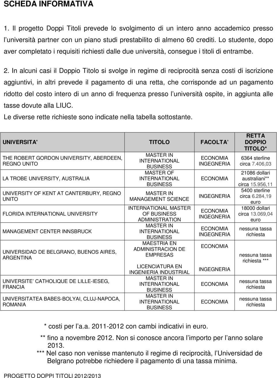 In alcuni casi il Doppio Titolo si svolge in regime di reciprocità senza costi di iscrizione aggiuntivi, in altri prevede il pagamento di una retta, che corrisponde ad un pagamento ridotto del costo