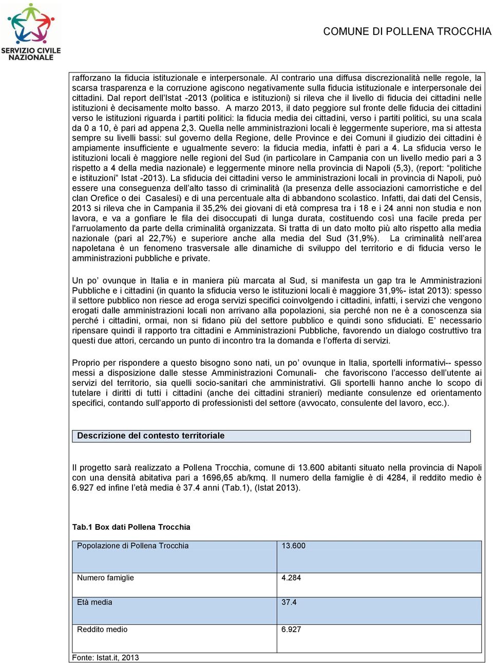 Dal report dell Istat -2013 (politica e istituzioni) si rileva che il livello di fiducia dei cittadini nelle istituzioni è decisamente molto basso.