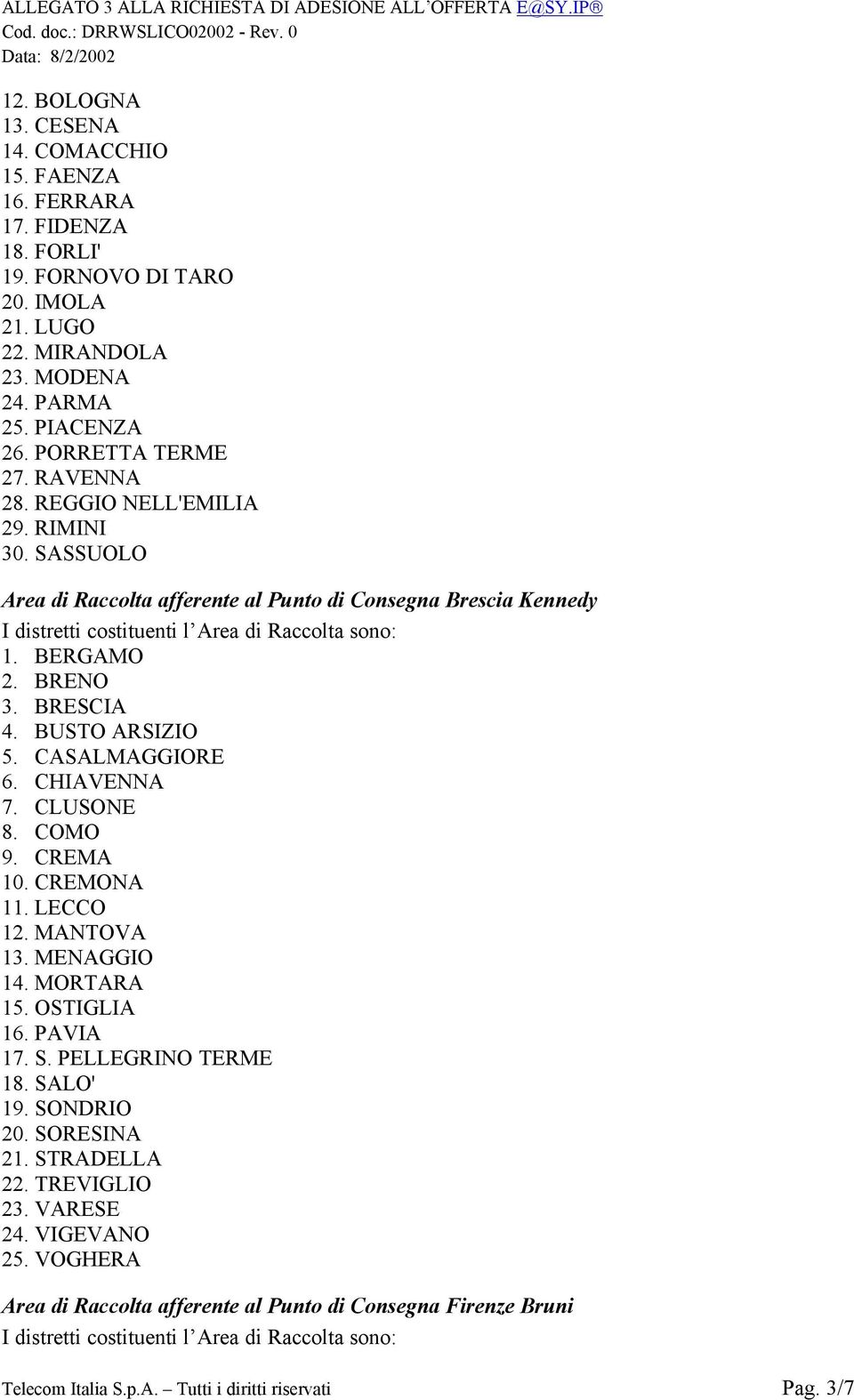 BUSTO ARSIZIO 5. CASALMAGGIORE 6. CHIAVENNA 7. CLUSONE 8. COMO 9. CREMA 10. CREMONA 11. LECCO 12. MANTOVA 13. MENAGGIO 14. MORTARA 15. OSTIGLIA 16. PAVIA 17. S. PELLEGRINO TERME 18.