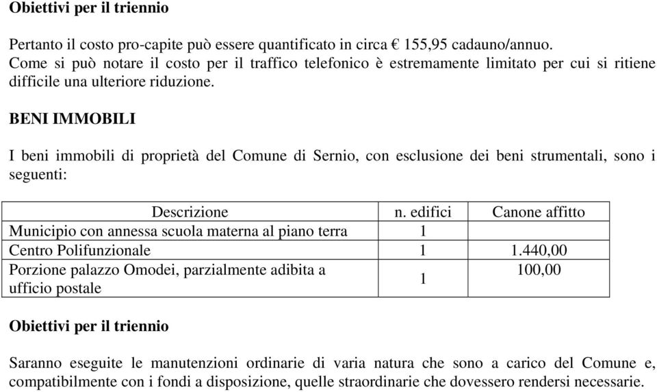BENI IMMOBILI I beni immobili di proprietà del Comune di Sernio, con esclusione dei beni strumentali, sono i seguenti: Descrizione n.