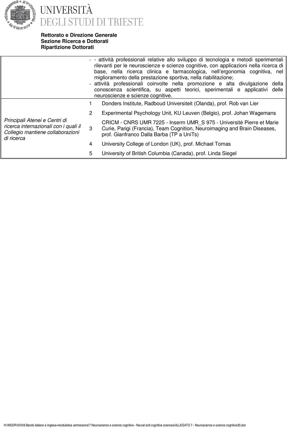 sportiva, nella riabilitazione; - attività professionali coinvolte nella promozione e alta divulgazione della conoscenza scientifica, su aspetti teorici, sperimentali e applicativi delle neuroscienze