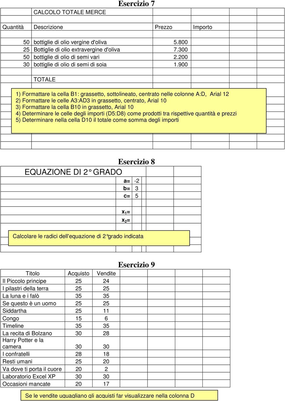 900 TALE 1) Formattare la cella B1: grassetto, sottolineato, centrato nelle colonne A:D, Arial 12 2) Formattare le celle A3:AD3 in grassetto, centrato, Arial 10 3) Formattare la cella B10 in