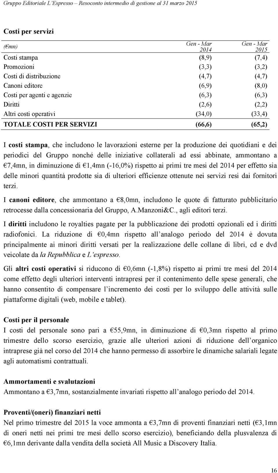 periodici del Gruppo nonché delle iniziative collaterali ad essi abbinate, ammontano a 7,4mn, in diminuzione di 1,4mn (-16,0%) rispetto ai primi tre mesi del 2014 per effetto sia delle minori