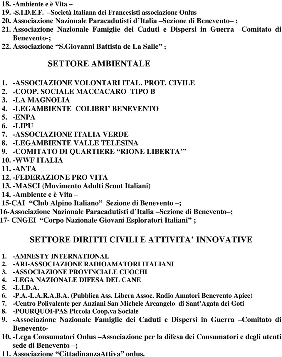 CIVILE 2. -COOP. SOCIALE MACCACARO TIPO B 3. -LA MAGNOLIA 4. -LEGAMBIENTE COLIBRI BENEVENTO 5. -ENPA 6. -LIPU 7. -ASSOCIAZIONE ITALIA VERDE 8. -LEGAMBIENTE VALLE TELESINA 9.