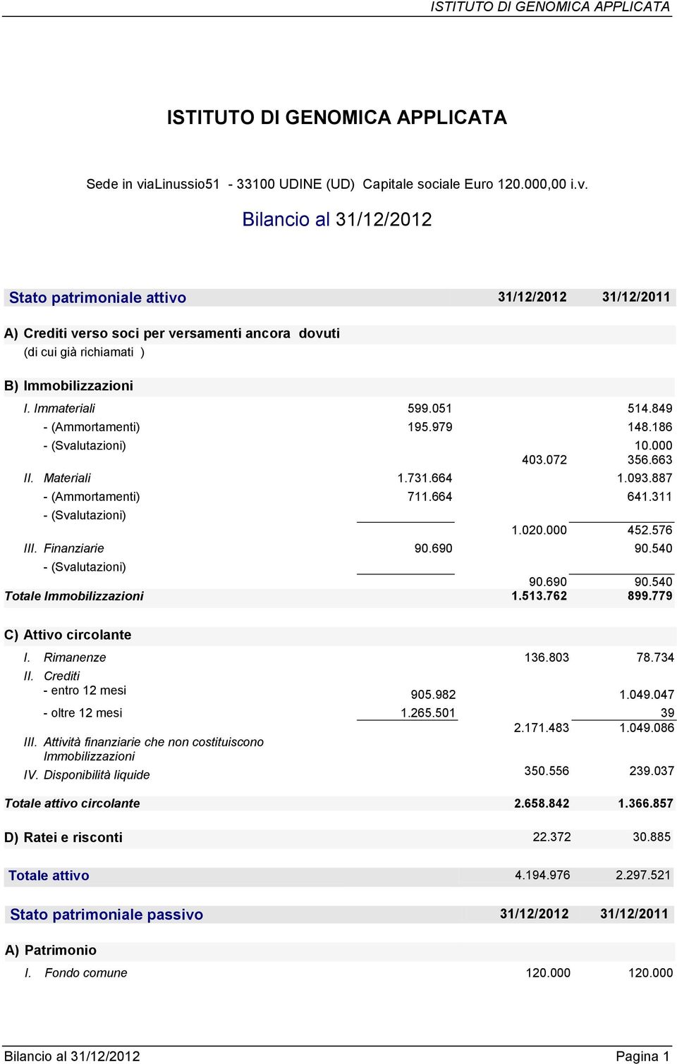 Bilancio al 31/12/2012 Stato patrimoniale attivo 31/12/2012 31/12/2011 A) Crediti verso soci per versamenti ancora dovuti (di cui già richiamati ) B) Immobilizzazioni I. Immateriali 599.051 514.