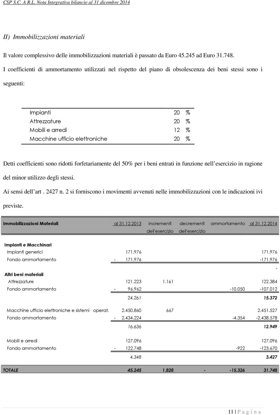 % Detti coefficienti sono ridotti forfetariamente del 50% per i beni entrati in funzione nell esercizio in ragione del minor utilizzo degli stessi. Ai sensi dell art. 2427 n.