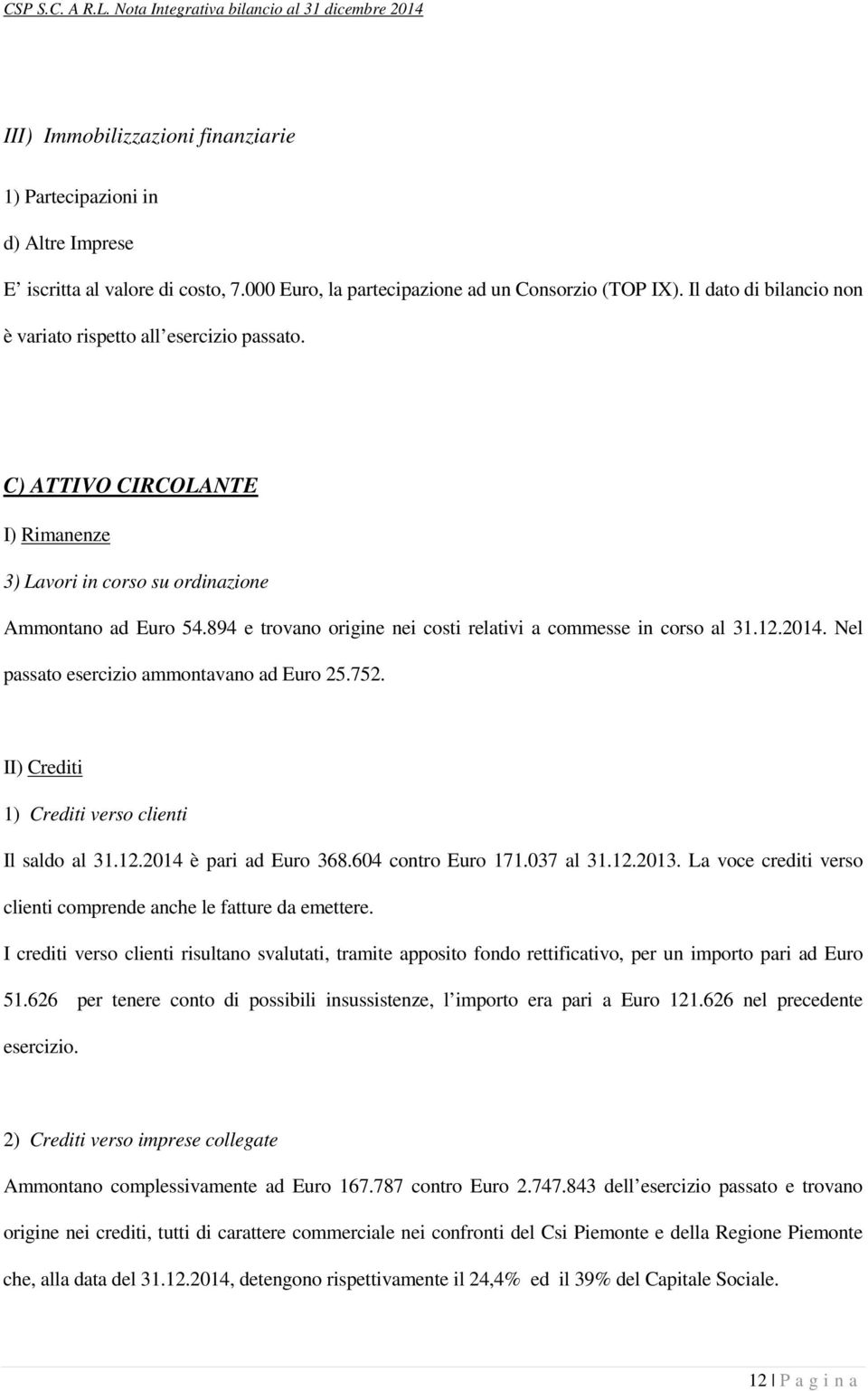 894 e trovano origine nei costi relativi a commesse in corso al 31.12.2014. Nel passato esercizio ammontavano ad Euro 25.752. II) Crediti 1) Crediti verso clienti Il saldo al 31.12.2014 è pari ad Euro 368.