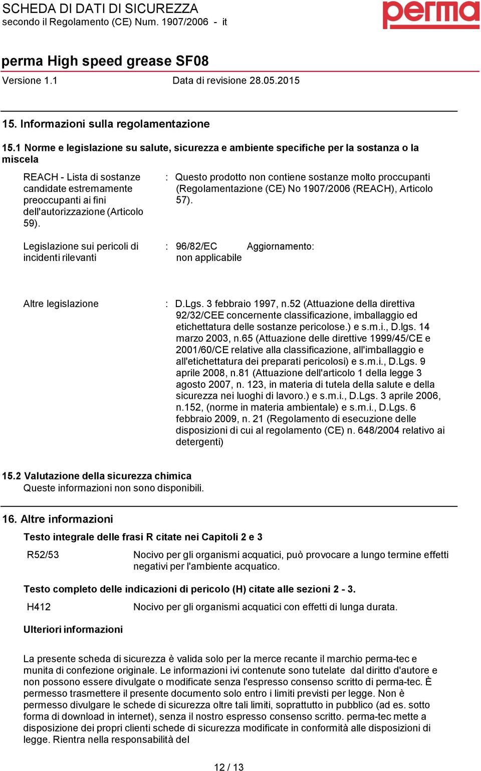 : Questo prodotto non contiene sostanze molto proccupanti (Regolamentazione (CE) No 1907/2006 (REACH), Articolo 57).