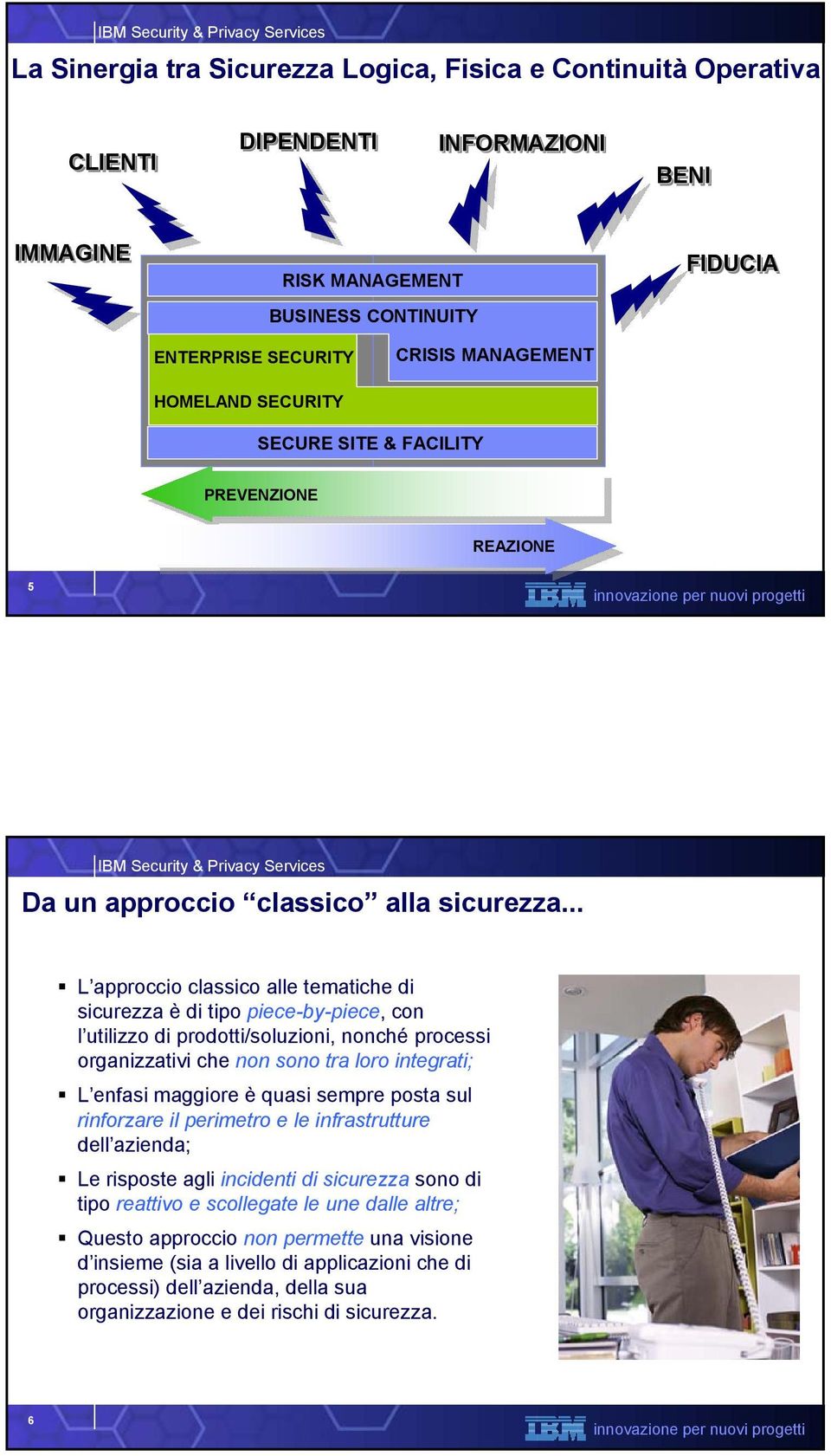 .. L approccio classico alle tematiche di sicurezza è di tipo piece-by-piece, con l utilizzo di prodotti/soluzioni, nonché processi organizzativi che non sono tra loro integrati; L enfasi maggiore è