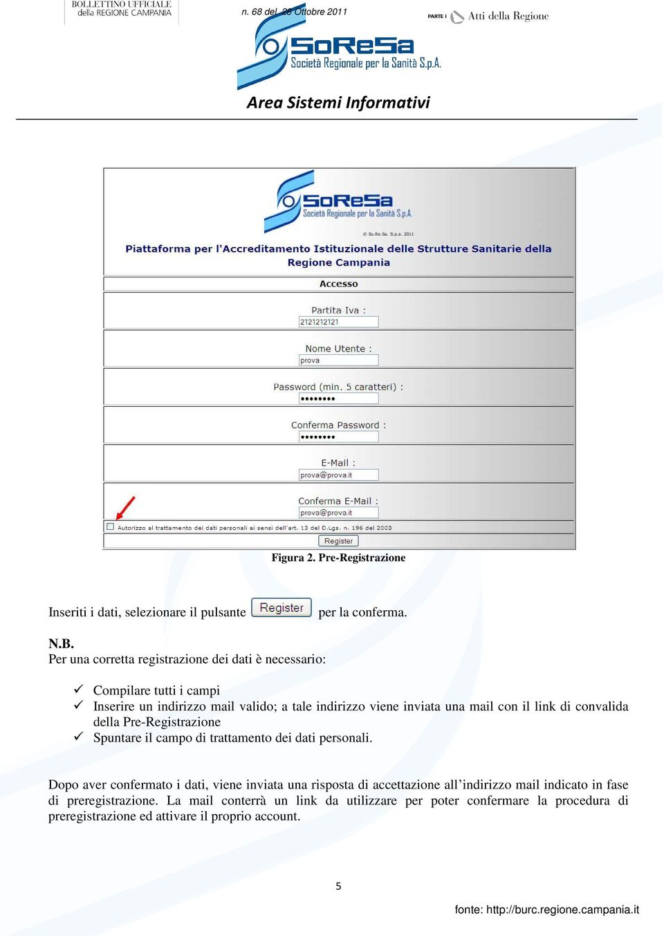 mail con il link di convalida della Pre-Registrazione Spuntare il campo di trattamento dei dati personali.