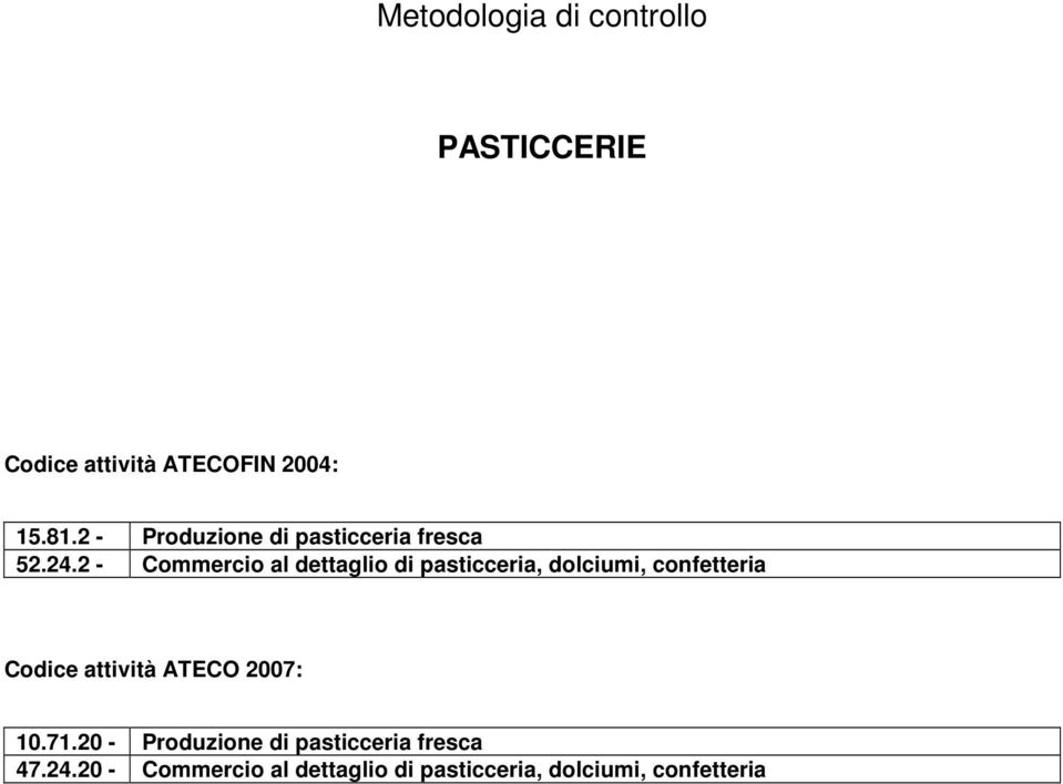 2 - Commercio al dettaglio di pasticceria, dolciumi, confetteria Codice attività