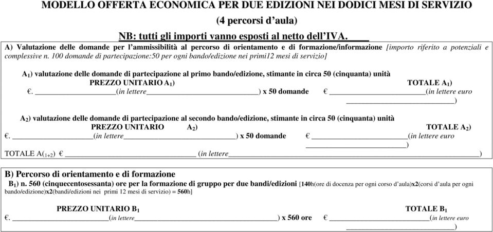 100 domande di partecipazione:50 per ogni bando/edizione nei primi12 mesi di servizio] A 1 ) valutazione delle domande di partecipazione al primo bando/edizione, stimante in circa 50 (cinquanta)