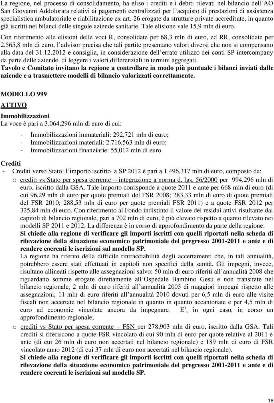 Tale elisione vale 15,9 mln di euro. Con riferimento alle elisioni delle voci R, consolidate per 68,3 mln di euro, ed RR, consolidate per 2.