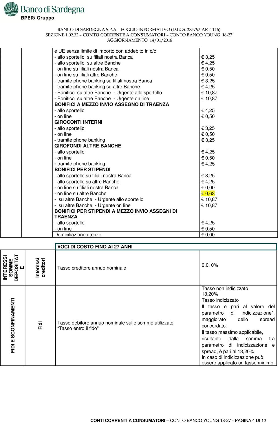 Urgente on line 10,87 BONIFICI A MEZZO INVIO ASSEGNO DI TRAENZA - allo sportello 4,25 - on line 0,50 GIROCONTI INTERNI - allo sportello 3,25 - on line 0,50 - tramite phone banking 3,25 GIROFONDI