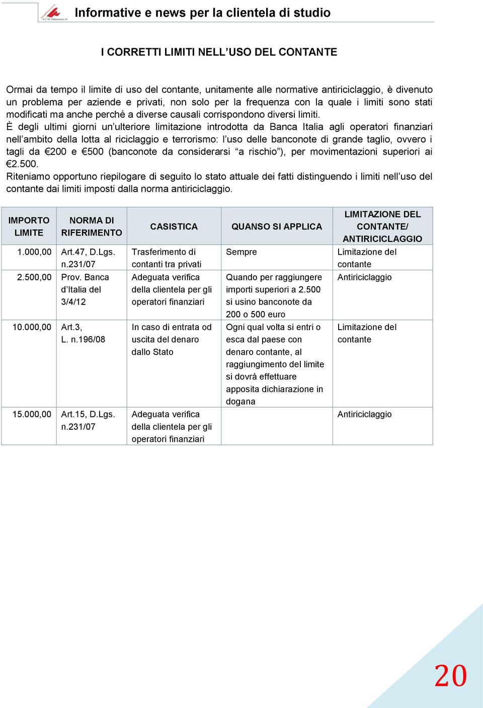 È degli ultimi giorni un ulteriore limitazione introdotta da Banca Italia agli operatori finanziari nell ambito della lotta al riciclaggio e terrorismo: l uso delle banconote di grande taglio, ovvero