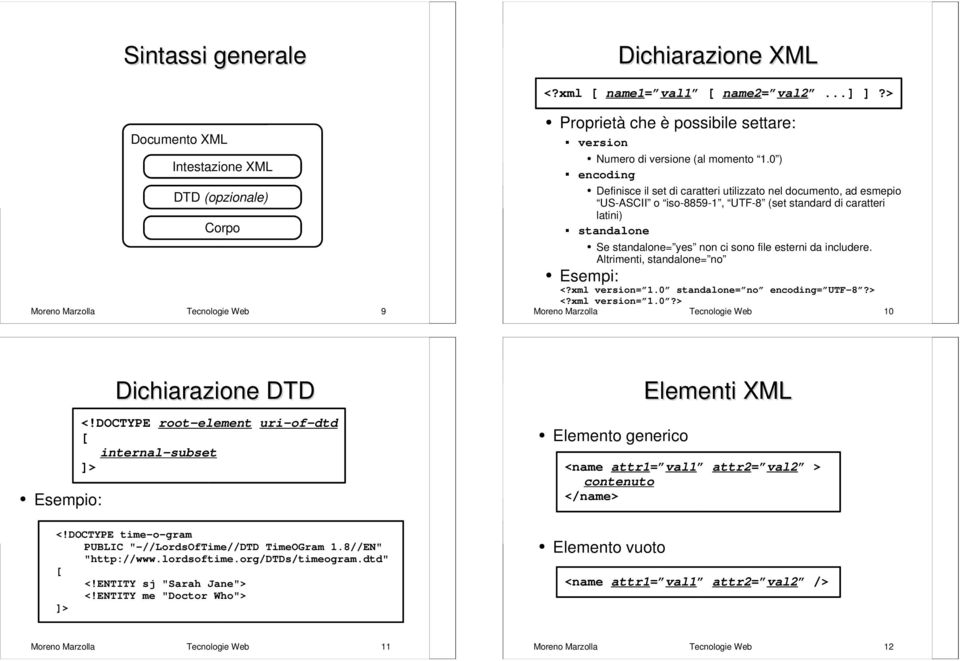 0 ) encoding Definisce il set di caratteri utilizzato nel documento, ad esmepio US-ASCII o iso-8859-1, UTF-8 (set standard di caratteri latini) standalone Se standalone= yes non ci sono file esterni