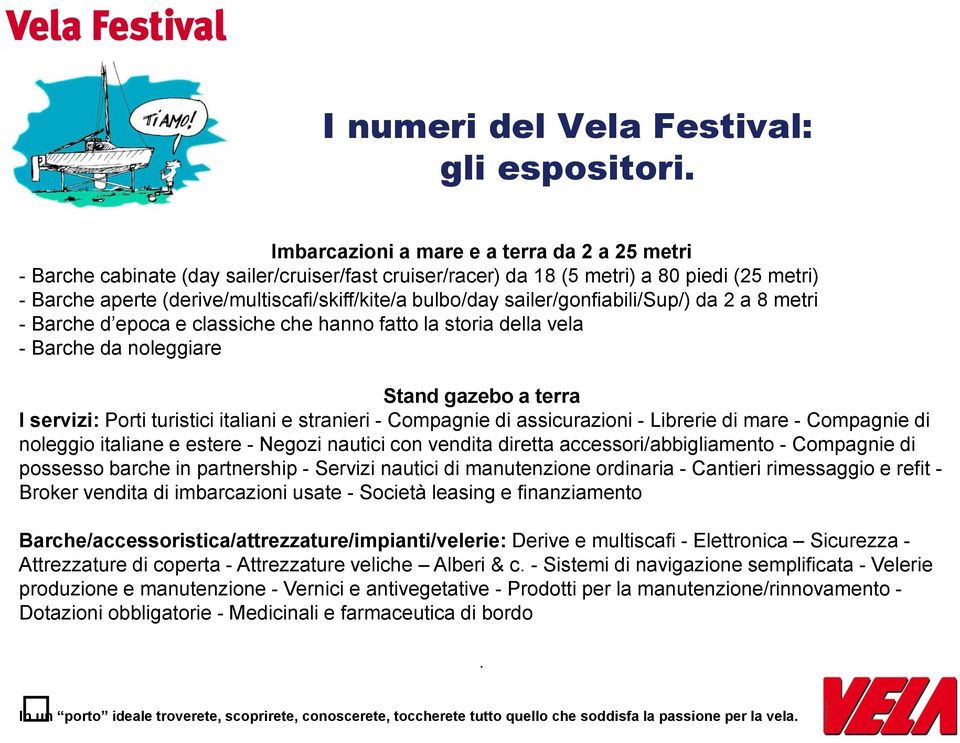 sailer/gonfiabili/sup/) da 2 a 8 metri - Barche d epoca e classiche che hanno fatto la storia della vela - Barche da noleggiare Stand gazebo a terra I servizi: Porti turistici italiani e stranieri -