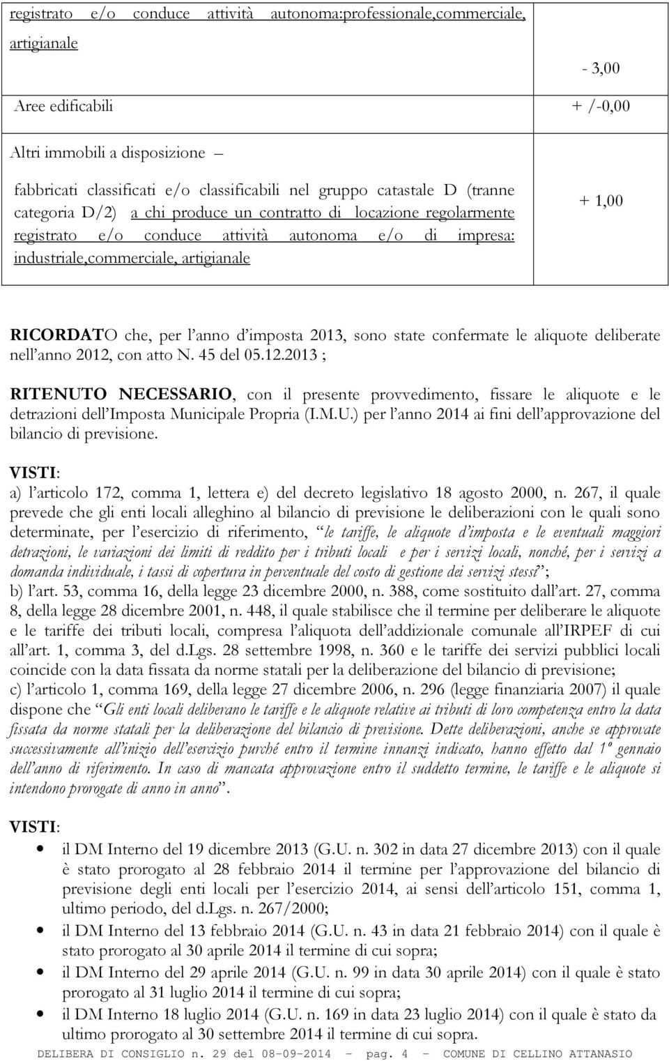 2013, sono state confermate le aliquote deliberate nell anno 2012, con atto N. 45 del 05.12.2013 ; RITENUTO NECESSARIO, con il presente provvedimento, fissare le aliquote e le detrazioni dell Imposta Municipale Propria (I.