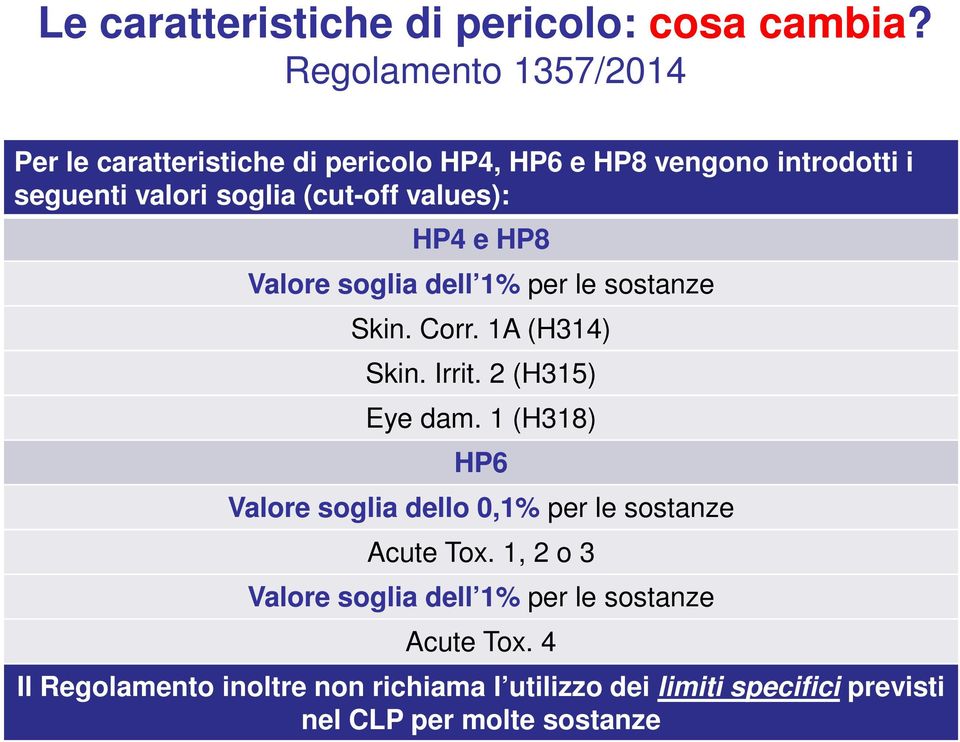 values): HP4 e HP8 Valore soglia dell 1% per le sostanze Skin. Corr. 1A (H314) Skin. Irrit. 2 (H315) Eye dam.