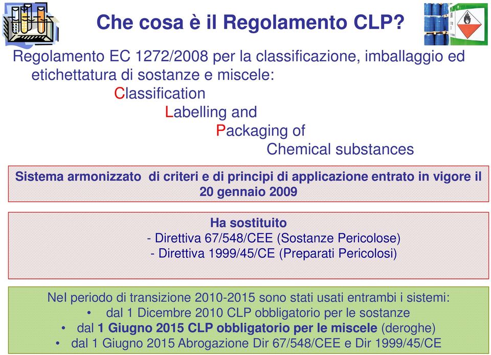 substances Sistema armonizzato di criteri e di principi di applicazione entrato in vigore il 20 gennaio 2009 Ha sostituito - Direttiva 67/548/CEE (Sostanze