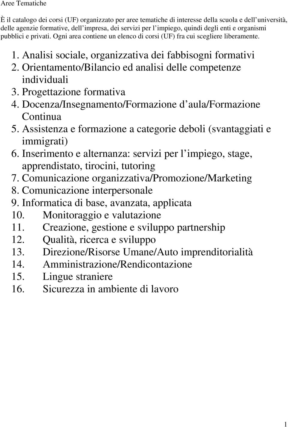 Orientamento/Bilancio ed analisi delle competenze individuali 3. Progettazione formativa 4. Docenza/Insegnamento/Formazione d aula/formazione Continua 5.