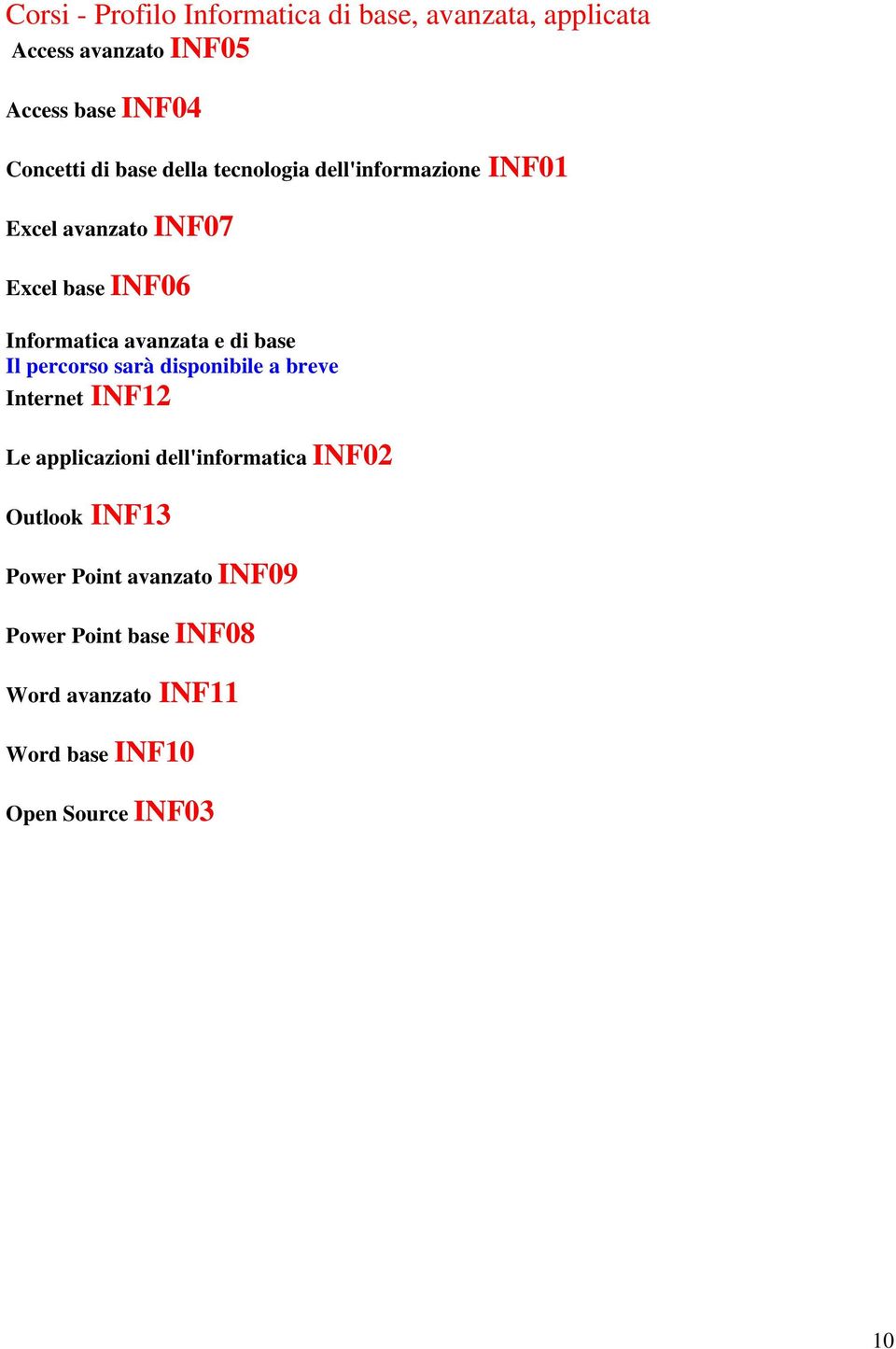 Informatica avanzata e di base Internet INF12 Le applicazioni dell'informatica INF02 Outlook INF13