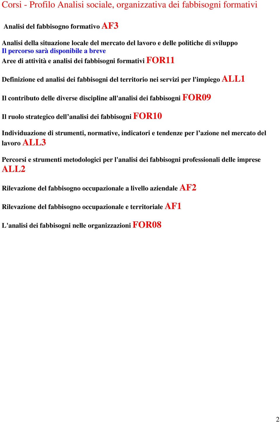 fabbisogni FOR09 Il ruolo strategico dell analisi dei fabbisogni FOR10 Individuazione di strumenti, normative, indicatori e tendenze per l azione nel mercato del lavoro ALL3 Percorsi e strumenti