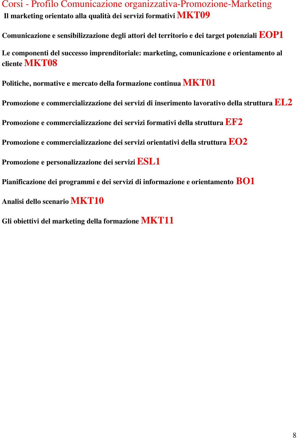 commercializzazione dei servizi di inserimento lavorativo della struttura EL2 Promozione e commercializzazione dei servizi formativi della struttura EF2 Promozione e commercializzazione dei servizi