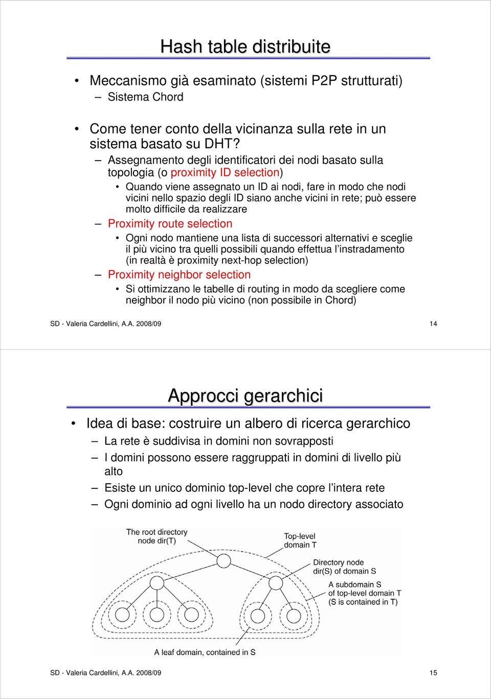 vicini in rete; può essere molto difficile da realizzare Proximity route selection Ogni nodo mantiene una lista di successori alternativi e sceglie il più vicino tra quelli possibili quando effettua