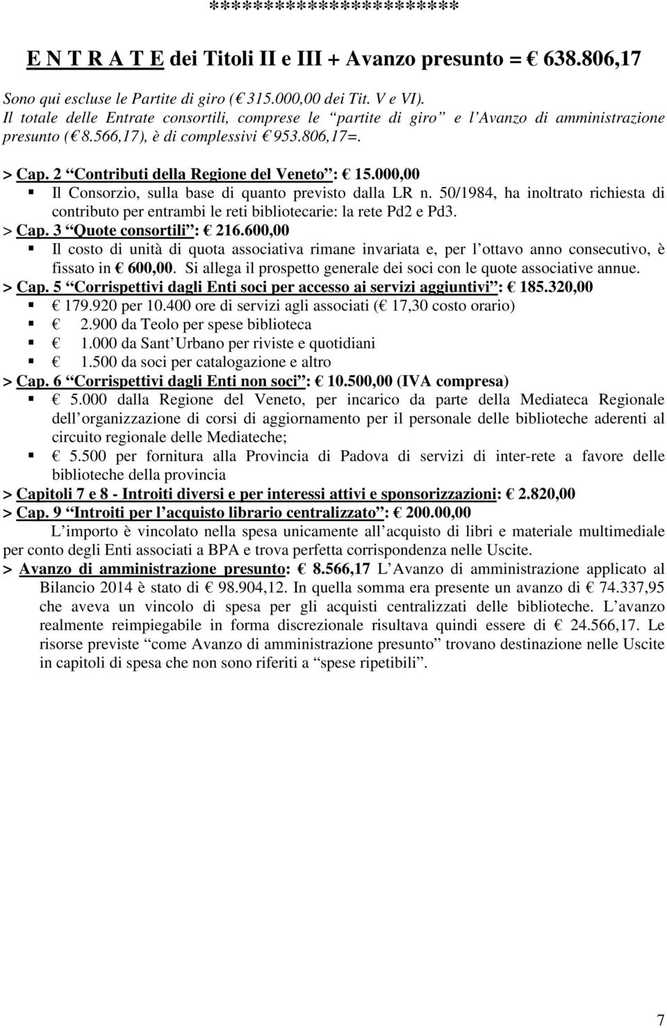 000,00 Il Consorzio, sulla base di quanto previsto dalla LR n. 50/1984, ha inoltrato richiesta di contributo per entrambi le reti bibliotecarie: la rete Pd2 e Pd3. > Cap. 3 Quote consortili : 216.