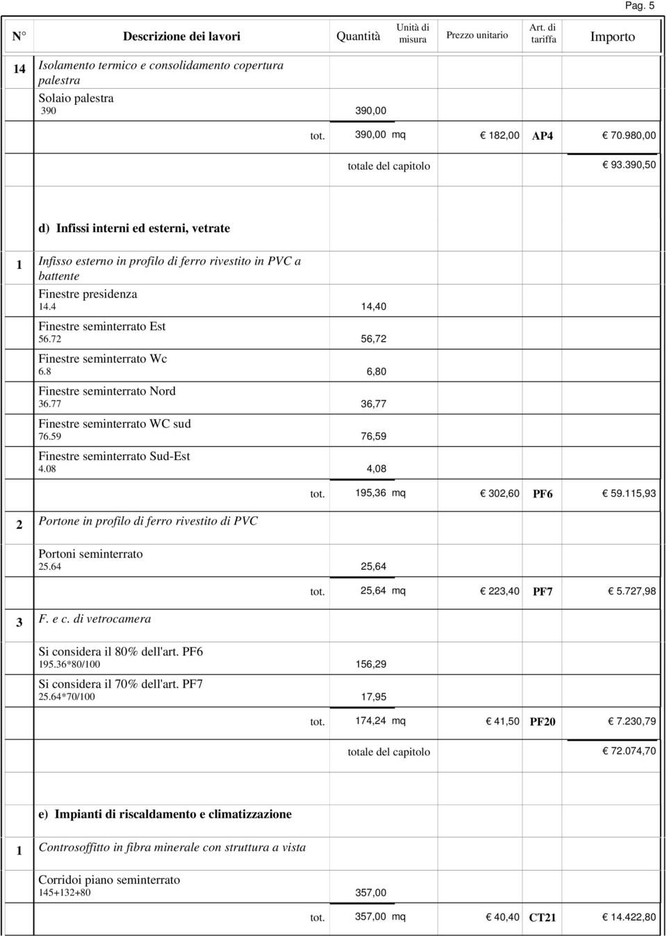 8 Finestre seminterrato Nord 6.77 Finestre seminterrato WC sud 76.59 Finestre seminterrato Sud-Est.08 Portone in profilo di ferro rivestito di PVC Portoni seminterrato 5.6 F. e c.