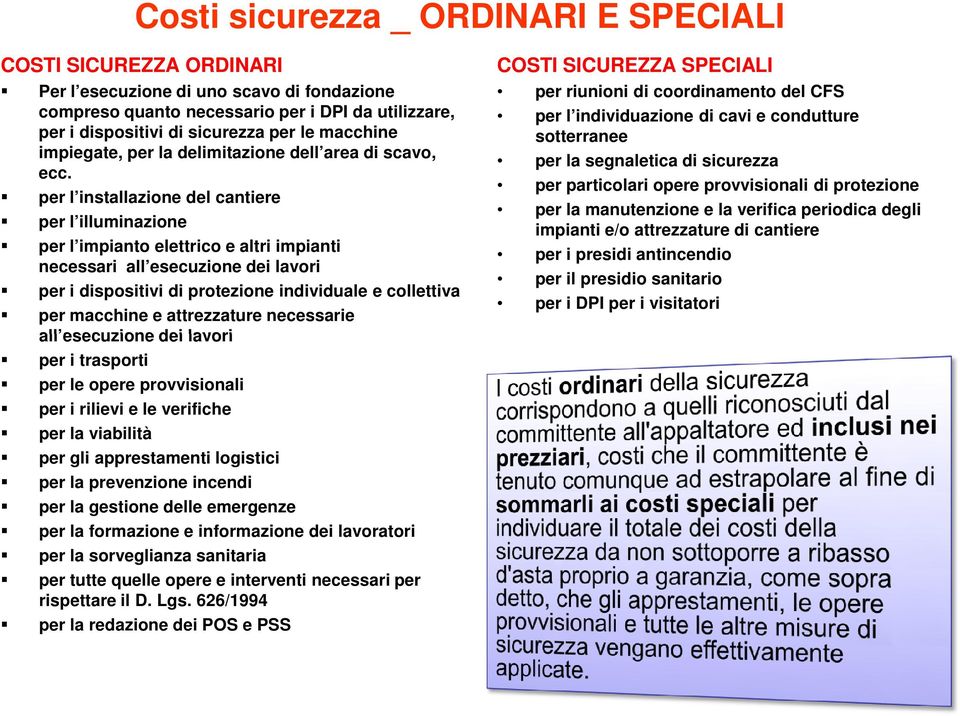 per l installazione del cantiere per l illuminazione per l impianto elettrico e altri impianti necessari all esecuzione dei lavori per i dispositivi di protezione individuale e collettiva per