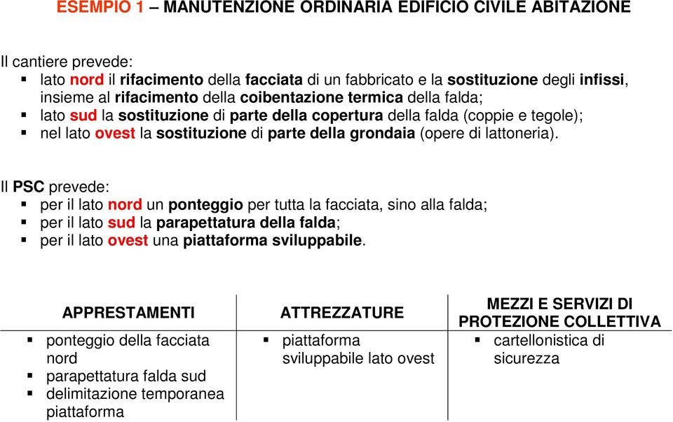 Il PSC prevede: per il lato nord un ponteggio per tutta la facciata, sino alla falda; per il lato sud la parapettatura della falda; per il lato ovest una piattaforma sviluppabile.