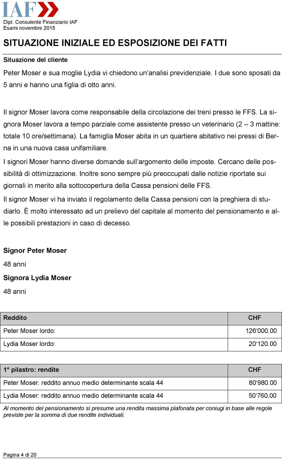 La signora Moser lavora a tempo parziale come assistente presso un veterinario (2 3 mattine: totale 0 ore/settimana).