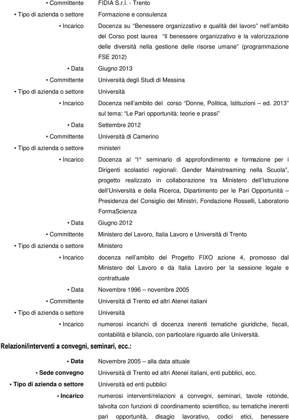 gestione delle risorse umane (programmazione FSE 2012) Giugno 2013 Committente Università degli Studi di Messina Università Docenza nell ambito del corso Donne, Politica, Istituzioni ed.