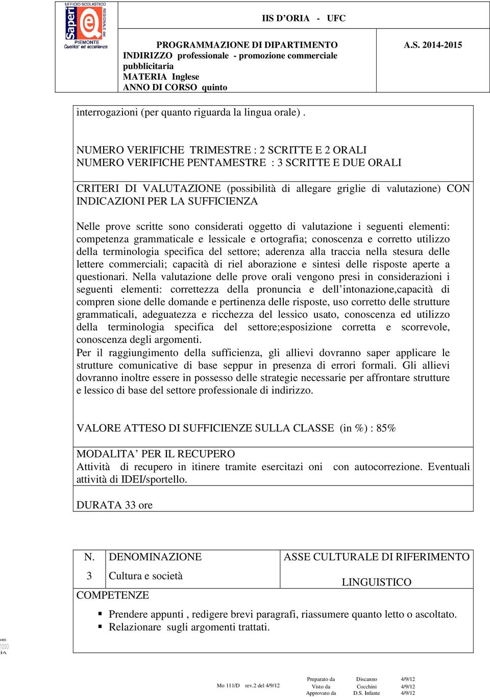 SUFFICIENZA Nelle prove scritte sono considerati oggetto di valutazione i seguenti elementi: competenza grammaticale e lessicale e ortografia; conoscenza e corretto utilizzo della terminologia